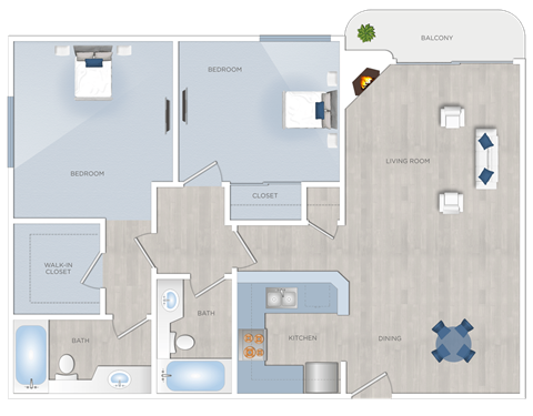 Floor plan for 2 beds, 2 baths, 865 sqft